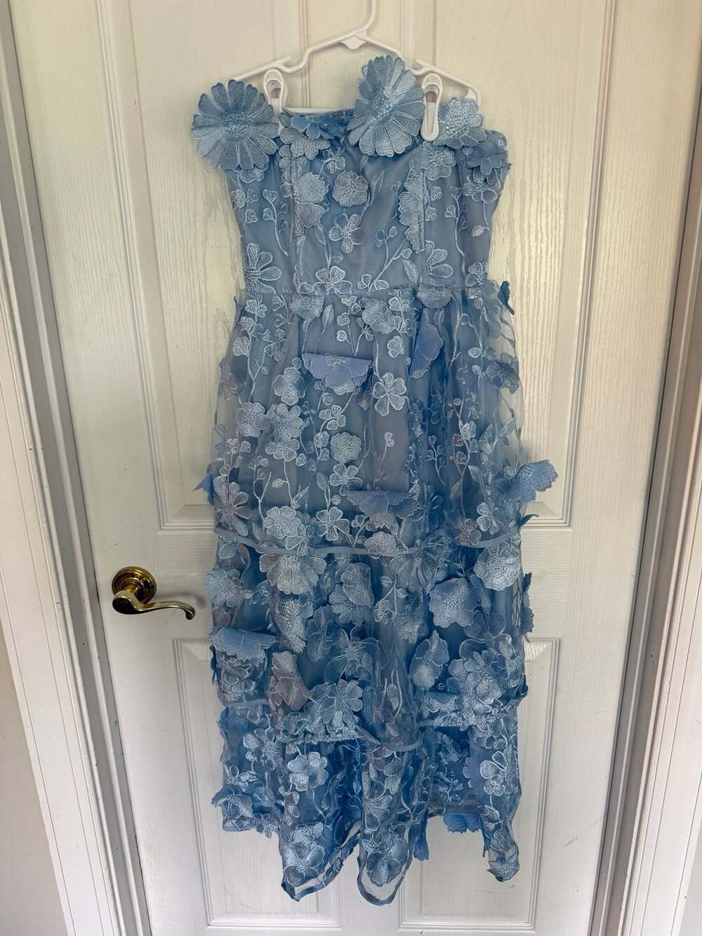 Innovare Denim Camelia Strapless Embroidered 3D Flower Maxi Dress in Blue
